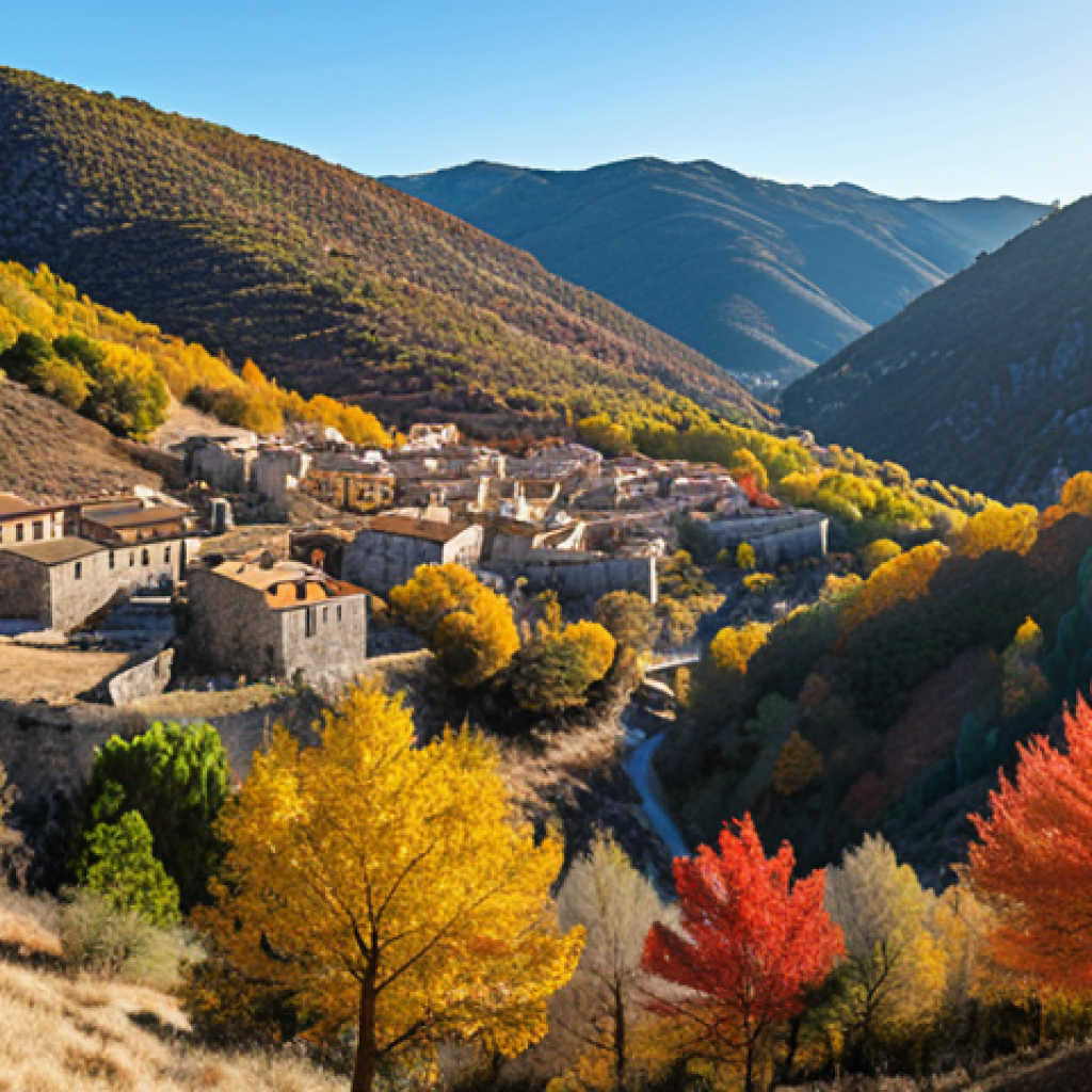 **Image Prompt:** A panoramic view of the Madriu-Perafita-Claror Valley in autumn. Golden and red foliage blankets the landscape, with traditional stone houses nestled among the trees. The sky is clear blue with soft sunlight. Include a hiking trail winding through the valley.