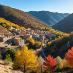 **Image Prompt:** A panoramic view of the Madriu-Perafita-Claror Valley in autumn. Golden and red foliage blankets the landscape, with traditional stone houses nestled among the trees. The sky is clear blue with soft sunlight. Include a hiking trail winding through the valley.