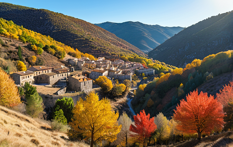 **Image Prompt:** A panoramic view of the Madriu-Perafita-Claror Valley in autumn. Golden and red foliage blankets the landscape, with traditional stone houses nestled among the trees. The sky is clear blue with soft sunlight. Include a hiking trail winding through the valley.