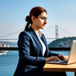 **

A professional businesswoman in a modest business suit, sitting at a desk in a modern office in Istanbul, fully clothed, appropriate attire, safe for work, perfect anatomy, natural proportions, professional photography, high quality.  The office has a view of the Bosphorus Bridge. She is working on a laptop, with a cup of Turkish coffee nearby. The scene is professional and conveys success.

**