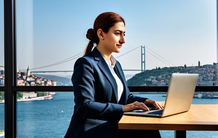 **

A professional businesswoman in a modest business suit, sitting at a desk in a modern office in Istanbul, fully clothed, appropriate attire, safe for work, perfect anatomy, natural proportions, professional photography, high quality.  The office has a view of the Bosphorus Bridge. She is working on a laptop, with a cup of Turkish coffee nearby. The scene is professional and conveys success.

**